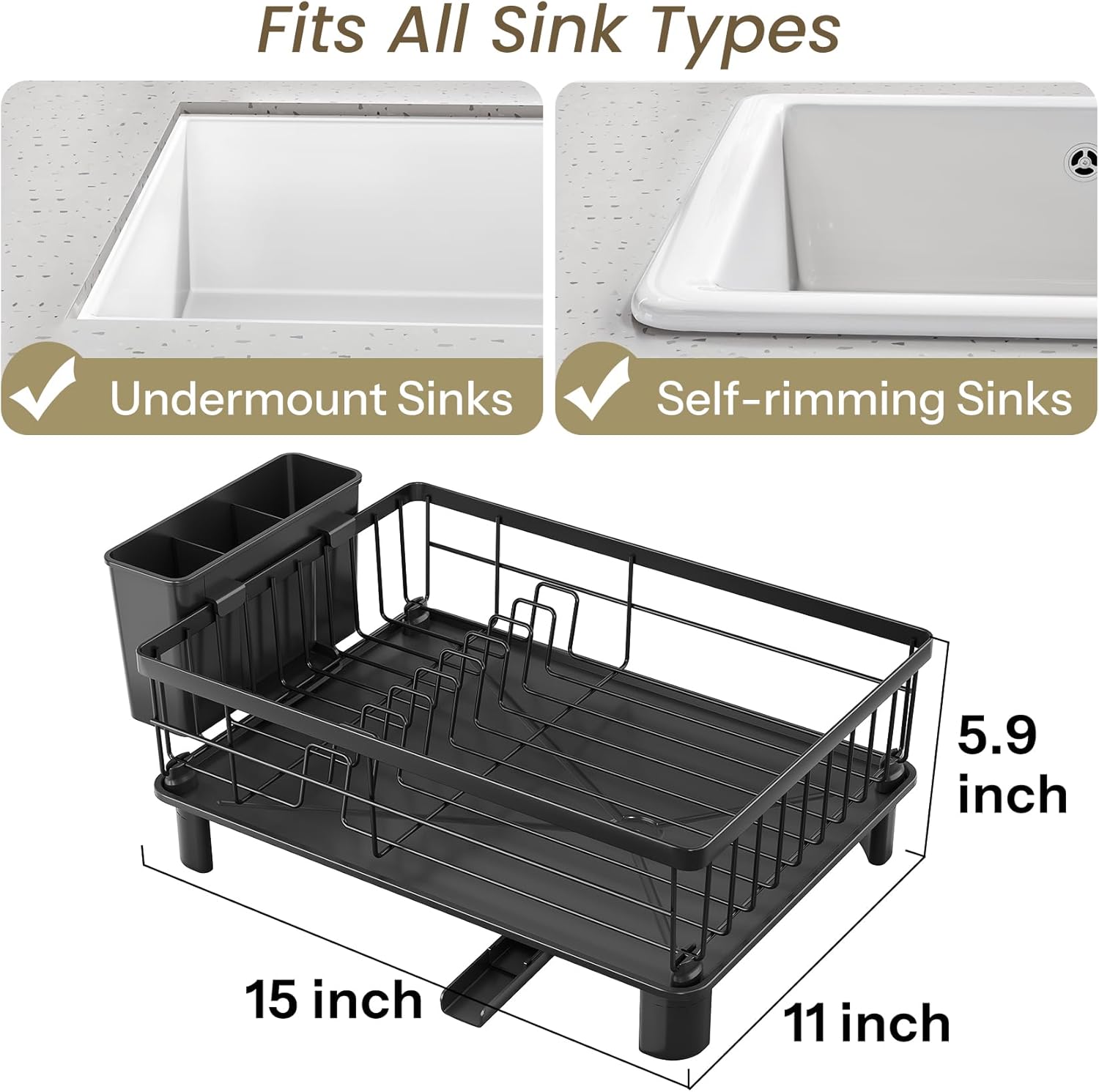 Dish Drying Rack - Small Dish Rack for Kitchen Counter, Stainless Steel Dish Drainer with Utensil Holder and Drainboard (Black)