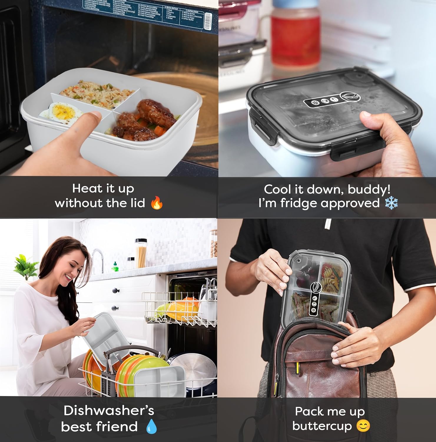 Bento Box Adult Lunch Box, 3 Compartment Meal Prep Containers with Lids, Clear Lunch Box Containers for Adults Men Women, Food Storage Containers